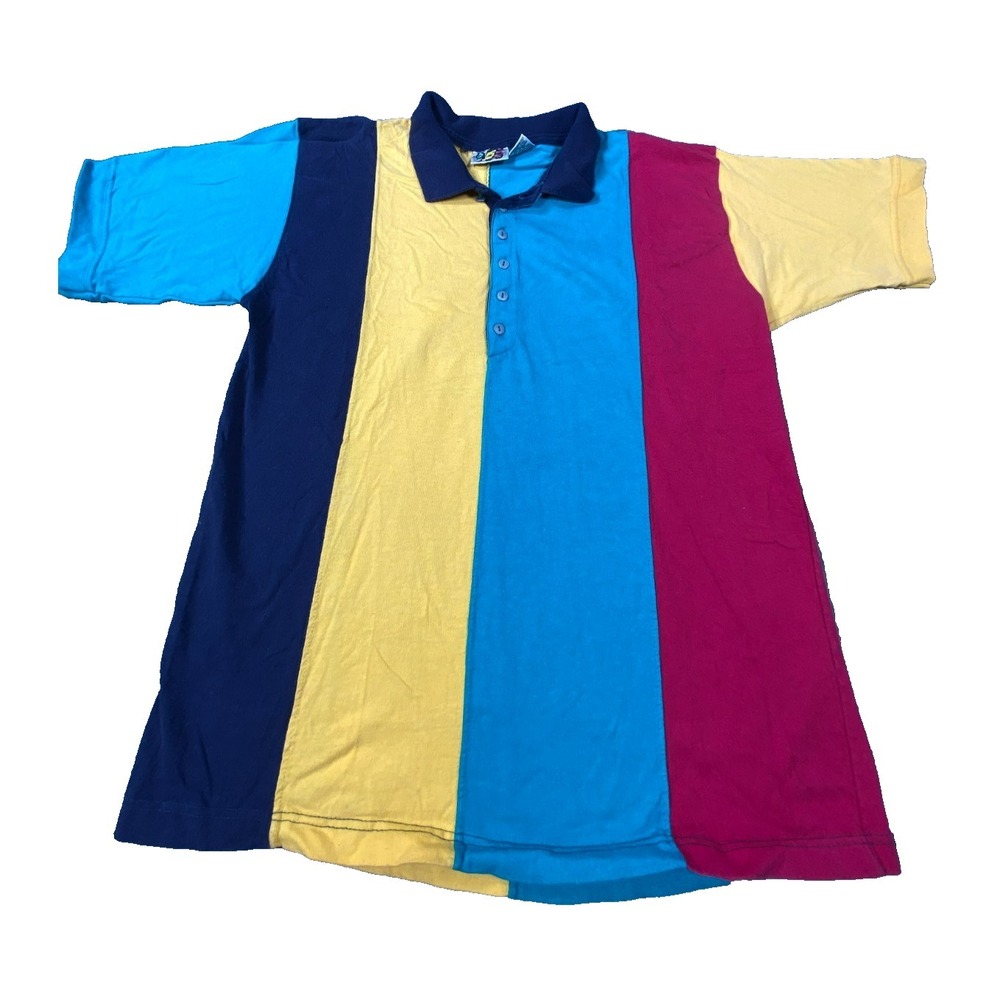 Vintage Polo Shirt Mens Medium Colorblock Multicolor 90s Cotton Retro Casual Y2K